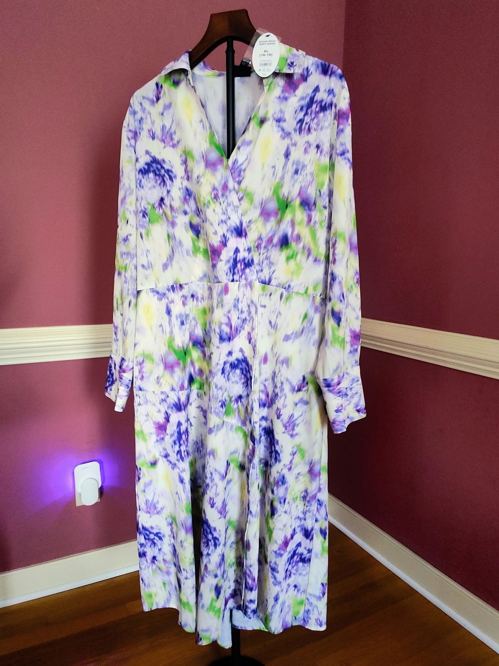Floral Wrap-Style Long Sleeve Midi Dress in Purple & Green